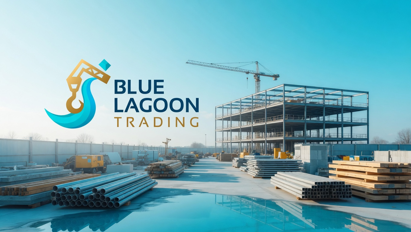 Blue Lagoon Trading construction yard with crane, structural steel and stacked materials
